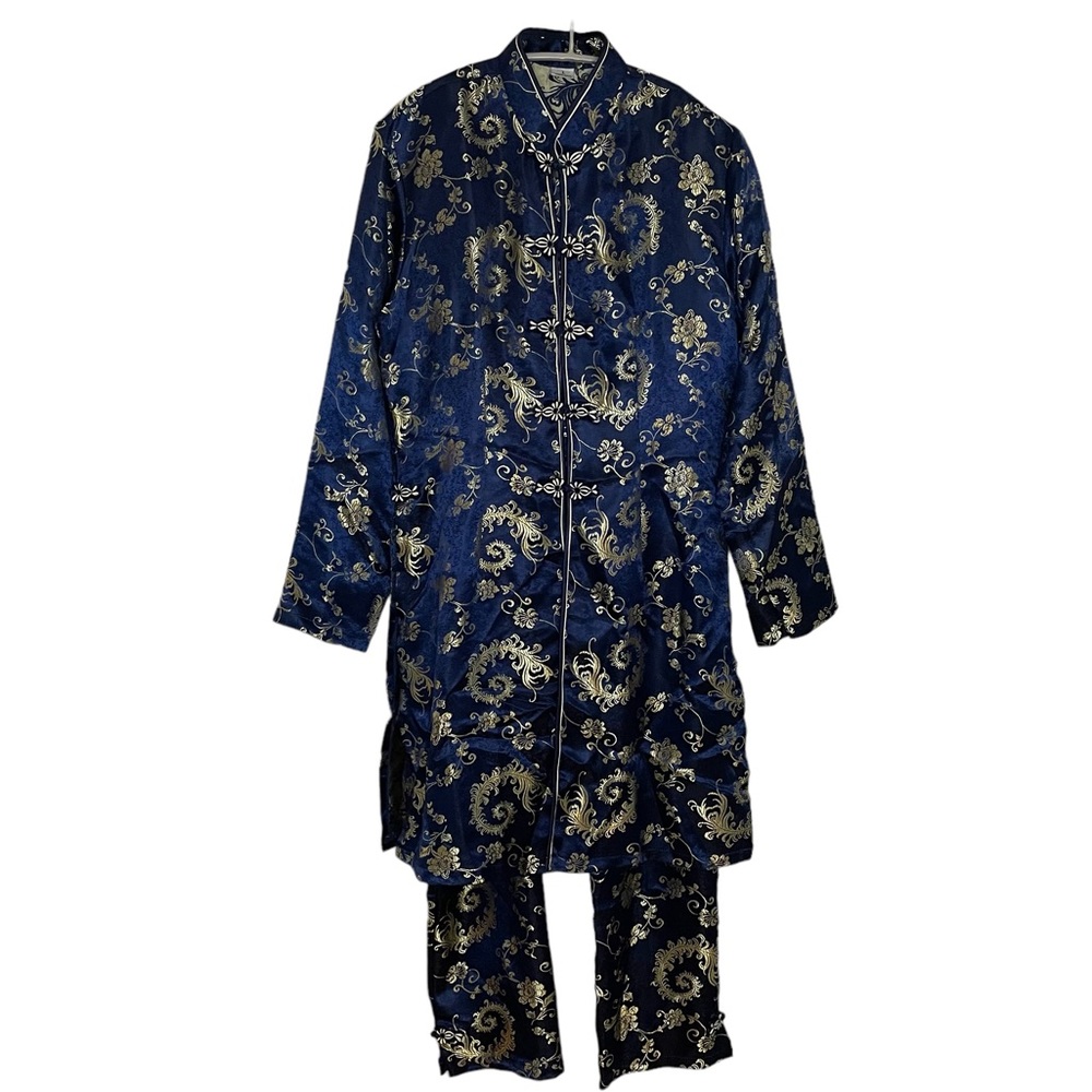 Traditional Vietnamese Silk Pant Suit Blue Gold Brocade Small